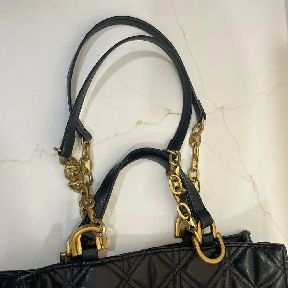 Zara Black Quilted Tote with Gold Chain